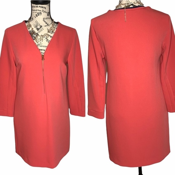 Zara Basic Coral Zip Front 3/4 Sleeve Shift Knee Length Dress Size S - Picture 1 of 12